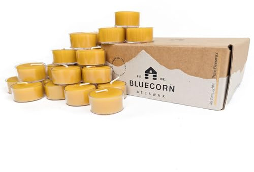 Bluecorn Beeswax Tea Light Candles, 100% Pure Natural Bees Wax, Yellow Tea Lights, Fragrance Free, Paraffin & Soy Free Candle Wax, Clean Burning, Long Lasting (4-5 Hrs), American Made, 48 Pack