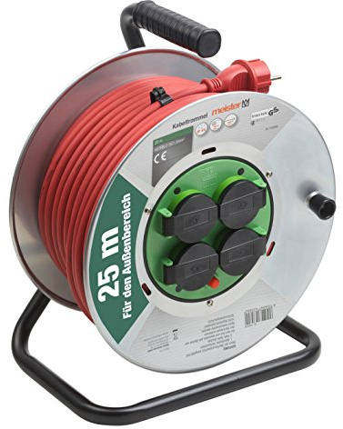 Meister Kabeltrommel H07RN-F3G1,5, IP44 - 25 m Kabel - Thermoschutz-Schalter - Outdoor / Kabelrolle mit 4 Schuko-Steckdosen / Kabelbox mit Verlängerungskabel / Leitungsroller mit Kurbel / 7435880