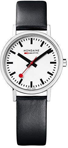 Mondaine Offizielle Schweizer Bahnhofsuhr Classic Damen-/ Herren-Uhr, Quartzuhr mit Schwarzem Lederarmband und rotem Futter