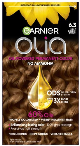 Garnier Olia Hair Color, Ammonia-Free Permanent Hair Dye, Oil-Powered Formula for 100% Gray Coverage and 3x Shinier Hair, Vegan & Cruelty Free, 6.3 Light Golden Brown, 1 Count