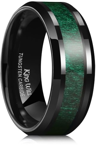 King Will 8mm Tungsten Wedding Band for Men Nature Green Maple Wood Grain Inlay Mens Wedding Ring Black Plated High Polished Beveled Edges Comfort Fit Size 11