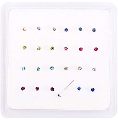 Pack 24 Piercing Nariz Plata de Ley Set Mandíbula Joya (Joyas No Se Puede Fall out) 8 Circonita Cúbica 3 of Cada Color 10mm Postes Que Doblar Into L Forma To Hold Pendiente en Lugar Tamaño 1.8mm