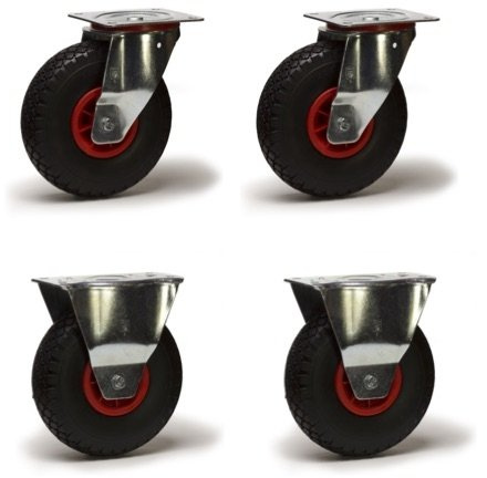 Lot de 4 roulettes pivotantes et fixes pneu gonflable 3.00-4 - 405 Kg