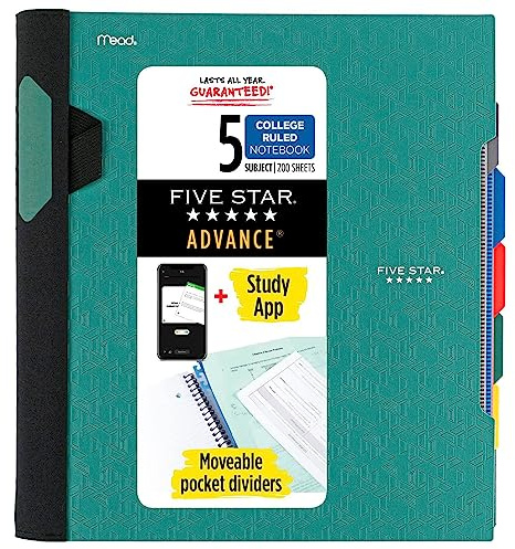 Five Star Spiral Notebook + Study App, 5 Subject, College Ruled Paper, Advance Notebook with Spiral Guard, Movable Tabbed Dividers and Expanding Pockets, 8-1/2 x 11, 200 Sheets, Green (73148)