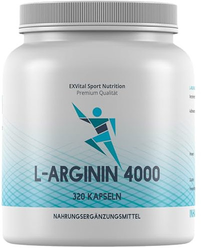 EXVital L-Arginin 4000 hochdosiert, 320 Kapseln in deutscher Premiumqualität, 2-3 Monatskur, semi-essentielle Aminosäuren. ApoTest: Sehr gut