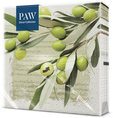 PAW - Servietten 3-lagig (33 x 33 cm) I 20 Stück I Perfekt für Geburtstage, Partys, Hochzeiten, Kommunion und Feiern I Tischdeko Bunte Papierservietten - Griechische Oliven I Greek Olives