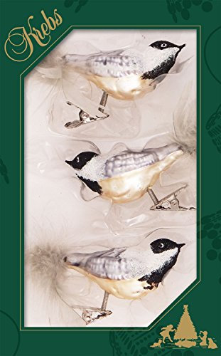 Krebs Glas Lauscha - Weihnachtsdekoration/Christbaumschmuck aus Glas - Vögel auf Clip - Farbe: weiß/schwarz/Gold - 3 Stück - Größe: ca. 11 cm