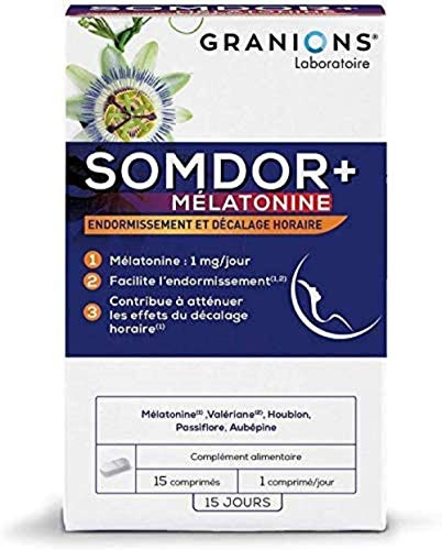GRANIONS MELATONINE SOMDOR+ SOMMEIL ADULTE - ENDORMISSEMENT ET DÉCALAGE HORAIRE - Sommeil et Relaxation - Melatonine 1mg - Valeriane, Houblon, Aubépine, Passiflore - 15 Comprimés - Fabriqué en France