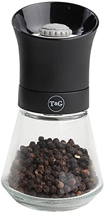 T&G 11090 CrushGrind Tip Top Pepper / Peppercorn Mill with Glass Base, 12.5 cm, Black / Gourmet Fully Adjustable Ceramic Manual Grinder / Shaker / Coarse & Fine / Easy Fill