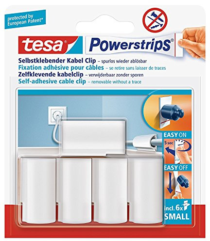 tesa Powerstrips® Kabel-Clip, selbstklebend, spurlos wieder ablösbar, weiß (4 Packungen = 20 Clips)