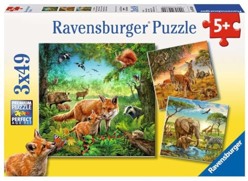 Ravensburger Kinderpuzzle - 09330 Tiere der Erde - Puzzle für Kinder ab 5 Jahren, mit 3x49 Teilen