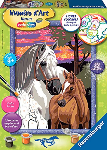 Ravensburger – Numéro d’Art Format 18x24cm – Chevaux au Coucher du Soleil – Loisir créatif – Kit de Peinture par numéros – avec Effet Scintillant – Activité détente et créative – Dès 9 Ans – 28598