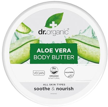 Dr Organic Aloe Vera Körperbutter, Beruhigend, Feuchtigkeitsspendend, Für alle Hauttypen, Natürlich, Vegan, Tierversuchsfrei, Paraben- & SLS-frei, Bio, 200ml