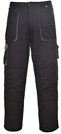 Portwest TX11 Texo Contrast Byxor Elastisk Midja Flera Fickor 2 Bakfickor | Svart, 2XL, EN 14404, UPF 40+, Normal Passform, Polyester, Hög Halt Bomull, Knappstängning och Dragkedja, Maskintvättbar