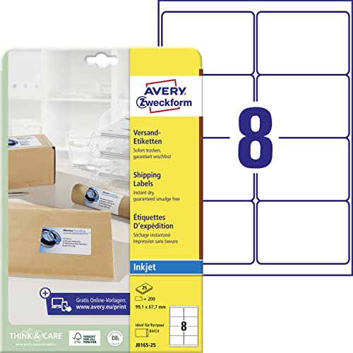 AVERY Zweckform J8165-25 Versandetiketten/Versandaufkleber (200 Etiketten, 99,1x67,7mm auf A4, bedruckbar, selbstklebend, für Inkjet-Drucker, für DIN B4/C4 Umschläge) 25 Blatt, weiß
