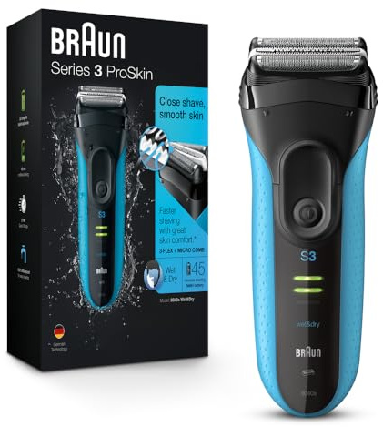 Braun Electric Series 3 Razor with Precision Trimmer, Rechargeable, Wet & Dry Foil Shaver for Men, Blue/Black, 4 Piece