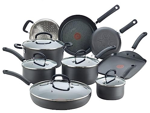 T-fal E765SEFA Hard Anodized Cookware Set, Nonstick Pots and Pans Set, 14 Piece, Thermo-Spot Heat Indicator, Gray