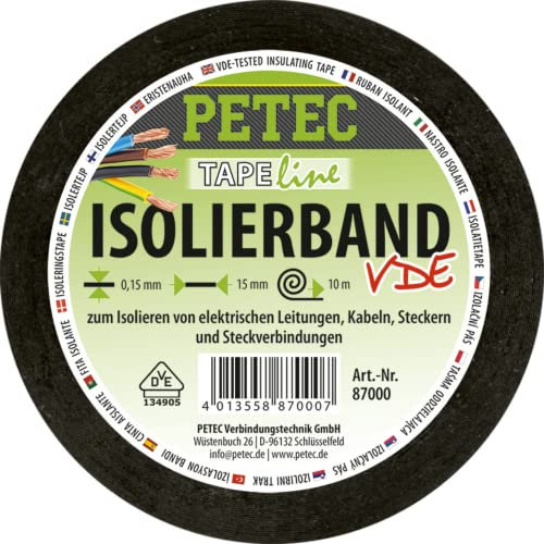 PETEC Isolierband 10mx15mmx0,15mm Rolle VDE geprüft Elektro-Isolierband schwarz, Selbstklebendes Iso Tape