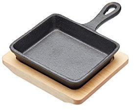 Artesà Mini Frying Pan with Wooden Serving Board in Gift Box, Rectangular, Cast Iron, 12.5 x 10.5 cm, Black/Beige