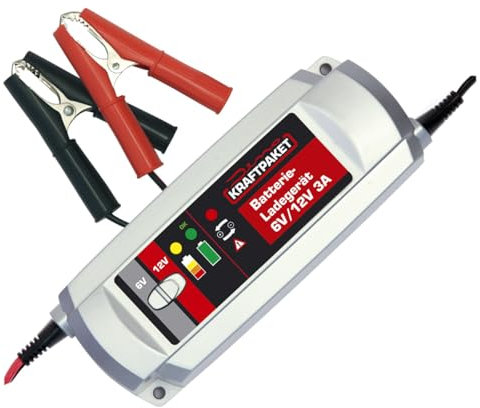Dino KRAFTPAKET 3A-6V/12V intelligentes und automatisches Batterieladegerät / Für Blei-Säure, GEL-Batterie / KFZ-Ladegerät für Auto, Motorrad, Kleintransporter, PKW, Oldtimer, Youngtimer