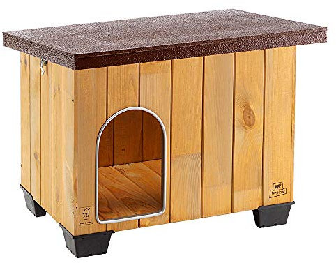 Ferplast Hundehütte mittelgroße Hunde BAITA 60 aus FSC-Holz, Hundehaus Outdoor Wetterfest, Isolierende Kunststofffüße, Tür mit Bissschutzkante aus Aluminium, 67 x 53 x h 56 cm.