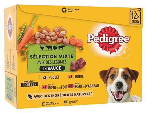 PEDIGREE Repas pour Chien - 48 Sachets Fraîcheur (Lot de 4 Packs 12x100g) - Pâtée pour Chien en Sauce - Boeuf/Dinde/Agneau/Poulet - Nourriture Complète & Equilibrée avec des Ingrédients Naturels
