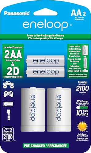 Eneloop Panasonic K-KJS1MCA2BA D Size Battery Adapters AA 2100 Cycle Ni- MH Pre-Charged Rechargeable Batteries, 2 D Adapters with 2 Batteries