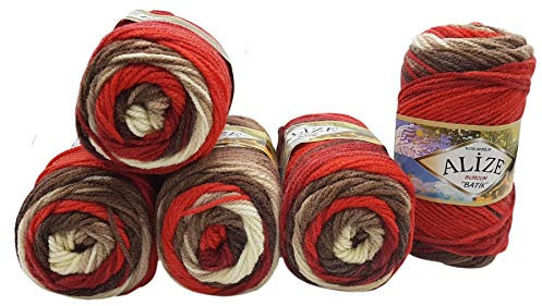 Alize Burcum Batik 5 x 100 Gramm Wolle Mehrfarbig mit Farbverlauf, 500 Gramm Strickwolle (beige braun bordeaux 4574)