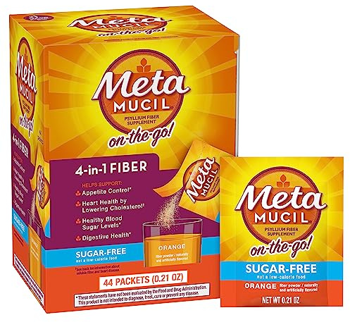 Metamucil On-The-Go, Daily Psyllium Husk Powder Supplement, Sugar-Free Powder, 4-in-1 Fiber for Digestive Health, Orange Flavored Drink, 44 Packets