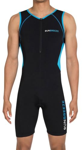 RunBreeze Men's Tri Suit - Black/Blue, Size M, Sleeveless, Quick Dry, UV Protection, Chlorine Proof, Shape Retention, Breathable, Rear Mesh Pockets
