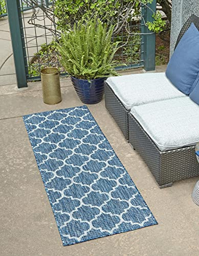 Unique Loom Outdoor Trellis Collection Area Rug (2' x 6' 1 Runner, Navy Blue/ Ivory)