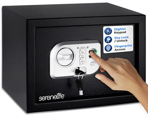 SereneLife Electronic Fingerprint Safe | Heavy Duty Money Safebox | Digital Touch Pad Lockbox with Code & 2 Keys | Small Safe Box for Home or Office, Secure Cash, Firearms | 13.8’’ x 9.8” Black