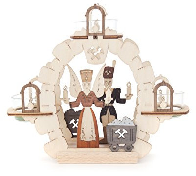 DREGENO Teelicht-Halter mit Engel und Bergmann, Laubsäge-Arbeit aus Holz von DREGENO SEIFFEN – Original erzgebirgische Handarbeit, stimmungsvolle Weihnachts-Dekoration