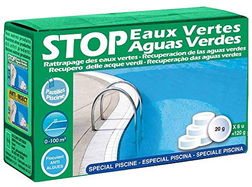 Gre 90147 - Stop Aguas Verdes, Solution pour Traiter Les eaux Vertes. Convient aux piscines Hors-Sol ou enterrées. Contient 6 pastilles de 20 grammes chacune.