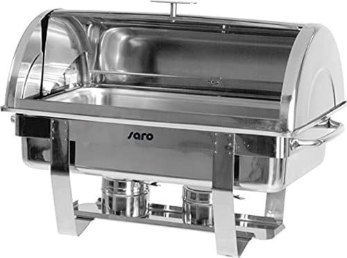 SARO Chafing Dish mit Rolldeckel inkl. 1/1 GN-Behälter, Tiefe 65 mm – Mit 2 Brennpastenhaltern & Untergestell - Edelstahl hochglanzpoliert – Für 1/1 GN-Behälter – GN-Tiefe max. 100 mm – Modell DENNIS