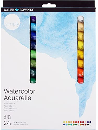 Daler-Rowney Simply 12ml Watercolour Paint Set, 24 Assorted Colours, Ideal for Entry-Level Artists & Hobbyists