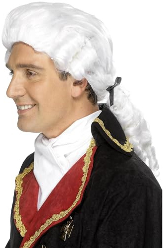 Smiffys Gericht Perücke, Weiß, mit schwarzem Band und Ringellocken Halloween