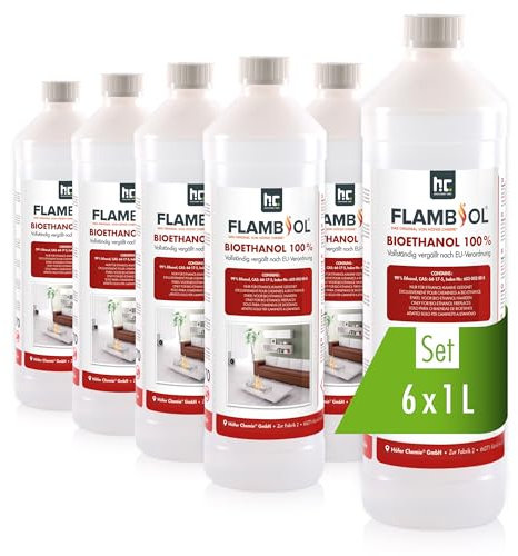Höfer Chemie FLAMBIOL® Bioéthanol 6 x 1 L Ultra Pur 100% - Combustible Écologique pour Cheminées de Table et Poêles en Acier Inoxydable, Combustion Propre et Inodore