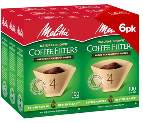 Melitta #4 Cone Coffee Filters, Natural Brown, 100 Count (Pack Of 6), 600 Total Filters - Fits all 8-12 Cup Cone Coffee Makers and Pour-Overs, Compostable, Tear-Resistant