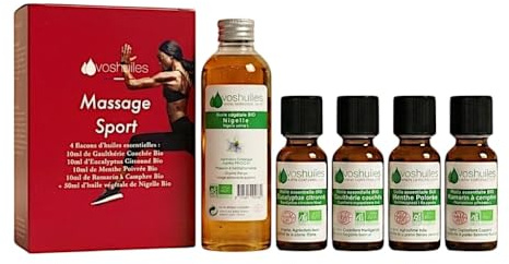VOSHUILES - Kit Sport Huiles Essentielles Eucalyptus Citronné- Gaulthérie- Menthe Poivrée- Romarin à Camphre- Nigelle 100% Pure BIO 4x10ml + 1x50ml HEBBD Ecocert