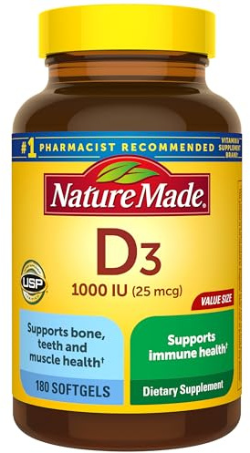 Nature Made Vitamin D3 1000 IU (25 mcg), Vitamin D Supplement for Bone, Teeth, Muscle and Immune Health Support, 180 Softgels, 180 Day Supply