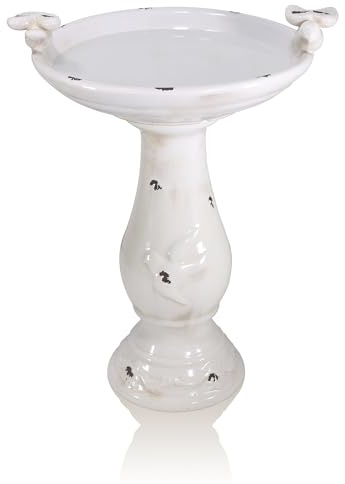 Alpine Corporation 25 Tall Outdoor Antique Ceramic Birdbath with 2 Bird Figurines - Vintage Style Garden Bird Bath Bowl for Patio, Yard, Lawn Decor, Light Brown
