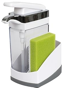 Casabella Sink Sider Solo Soap Pump and Sponge Caddy for Kitchen Sinks, Kitchen Sink Organizer Sponge Caddy and Soap Pump Combo, White