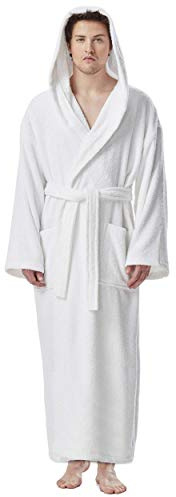 Arus Mens Hooded Classic Turkish Cotton Bath Robe with Full Length Options White Small, Medium