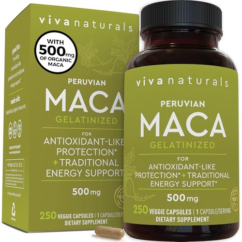 Viva Naturals Peruvian Maca Root Supplement for Women & Men, 500mg - Traditionally Used for Energy, Stamina & Endurance - 250 Yellow Maca Root Powder Capsules, Gelatinized for Easier Digestion