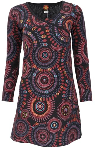 GURU SHOP Hippie Minikleid Boho Chic, Langarm Tunika Mandala - Schwarz/rot, Damen, Size:L