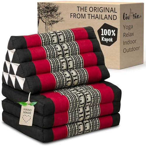 livasia Thai cushion with 3 seat rests - 69x20x3.1″ - Triangle cushion with folding mattress, Wedge cushion, kapok, Back support cushion, folding, Thai mat, folding, Hand made (Black/Elephants)