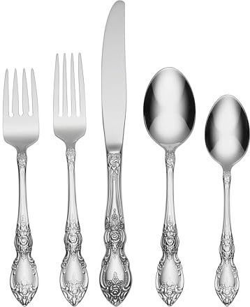 Oneida Silverware Set For 8, Wordsworth 45-Piece with Serving Utensils, Service For 8, Ornate Pattern, Mirror Finish, 18/0 Stainless Steel, Dishwasher Safe, Knives Spoons and Forks (Silver, 45 Pieces)