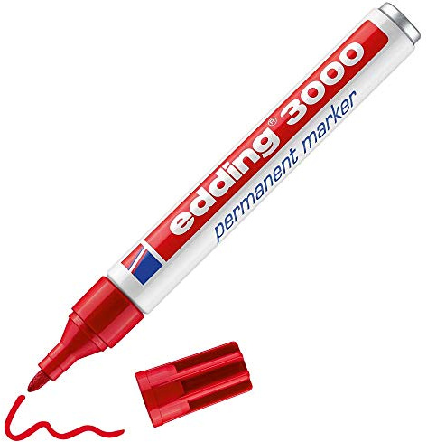 edding 3000 Permanent Marker - Red - 1 Pen - Round Tip 1.5-3 mm - Quick-Drying Permanent Markers - Waterproof, Smudge-Proof - for Cardboard, Plastic, Wood, Metal, Fabric - Marker Pens