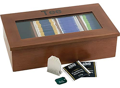 APS Teebox – Premium Tee-Holzbox mit Sichtfenster, 4 Kammern für jeweils 30 kuvertierte Teebeutel, Deckel bleibt offen stehen